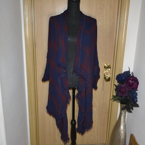 Knox Rose Plaid Fringe Red & Navy Blue Open Cardigan - Picture 10 of 10